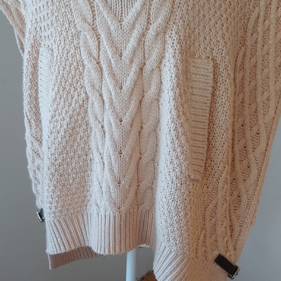 Saks Fifth Ave Wool Blend Cream Cable Knit Cowl Sweater with Side Belts Small - Picture 10 of 16